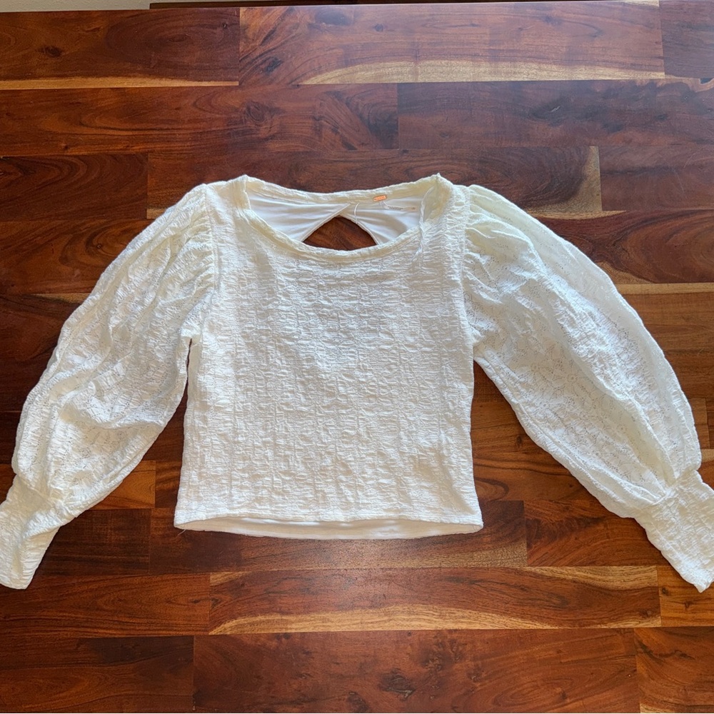 Free People White Lace Puff Sleeve Top with Open Back